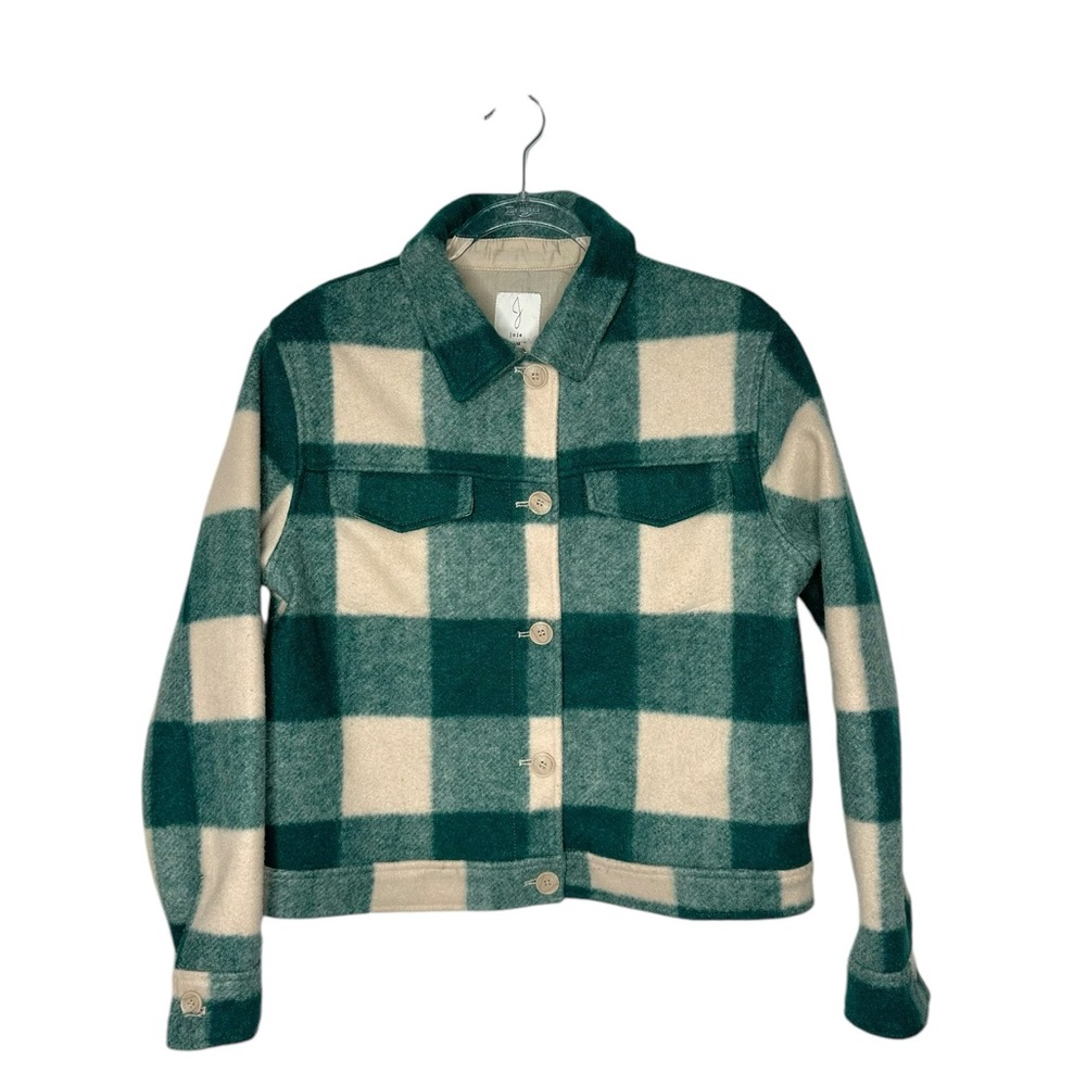 Joie | Plaid Boxy Cropped Shirt Jacket Cream/Teal Medium